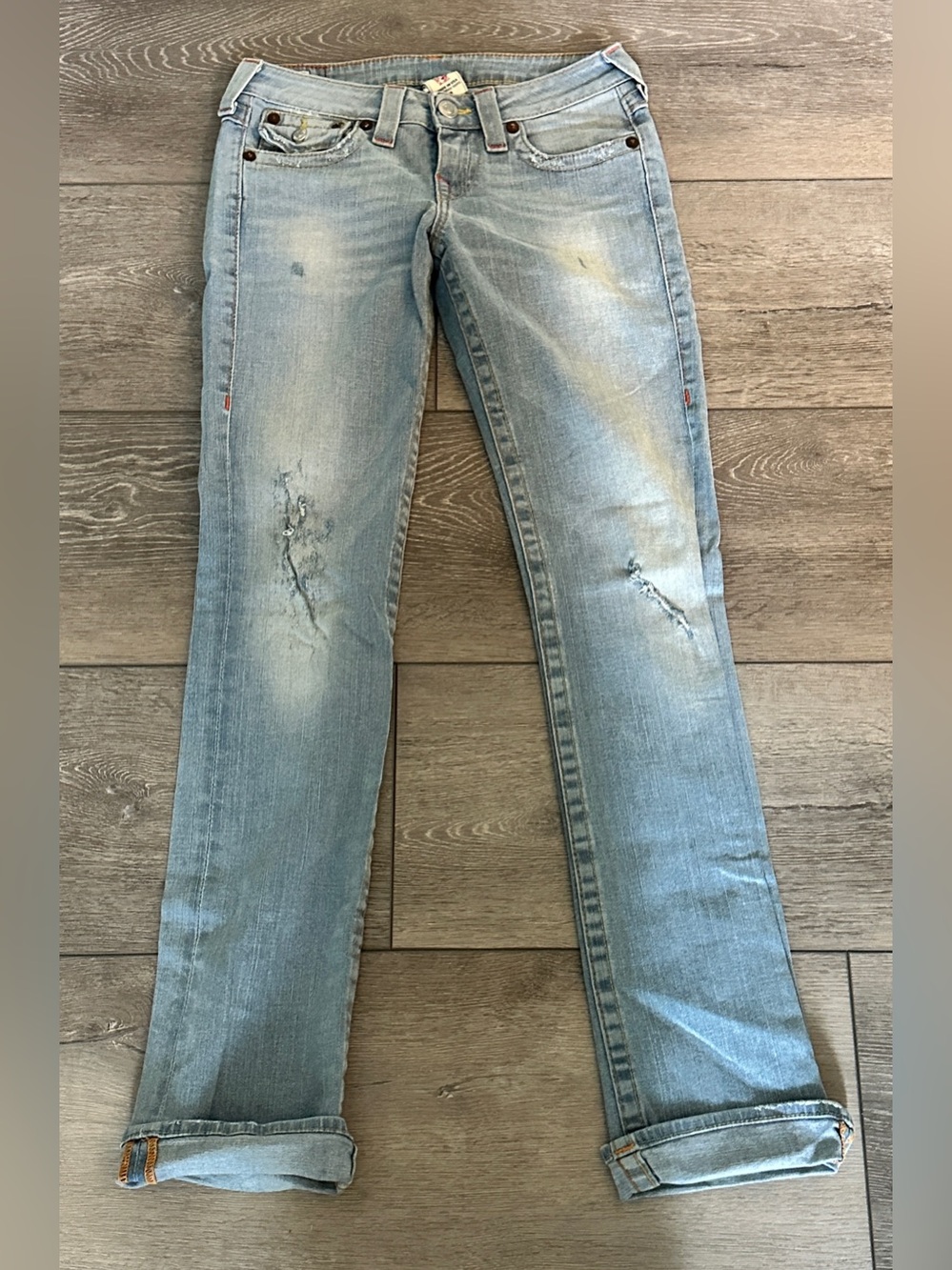 Vintage Y2K True Religion Billy Light Blue Distressed Straight Leg Jeans Size 28